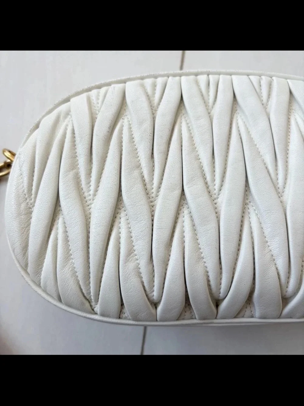 Miu Miu White Quilted Oval Crossbody with Gold Chain